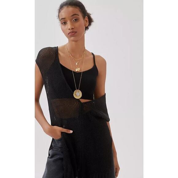 NWT Anthropologie Open Knit Side Slit Crochet Caftan Set Black 2 Piece Size L - Picture 1 of 4